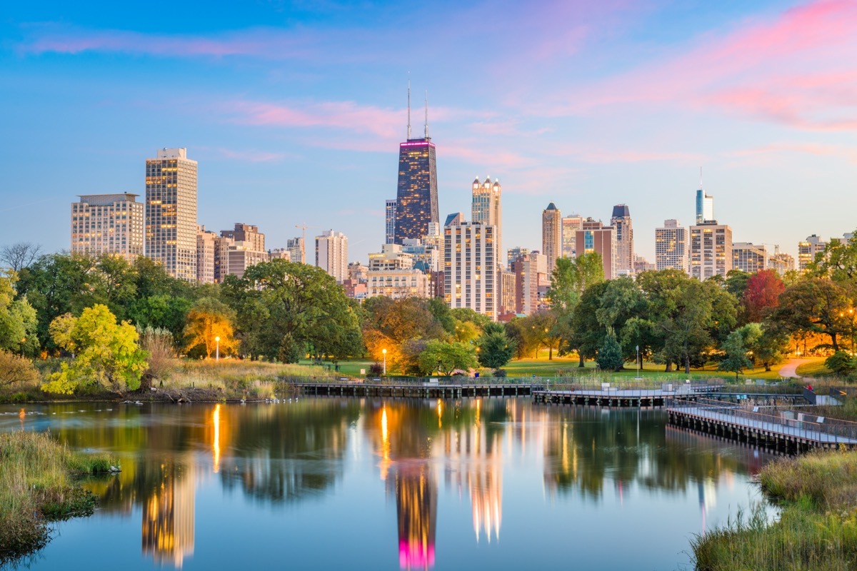 Chicago, Illinois, USA downtown skyline from Lincoln Park at twilight.