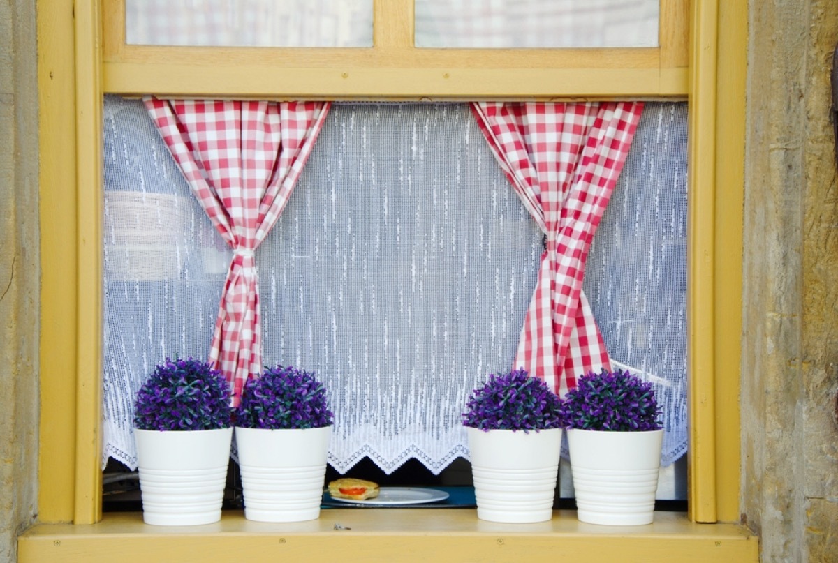 cafe curtains in kitchen window, vintage home upgrades