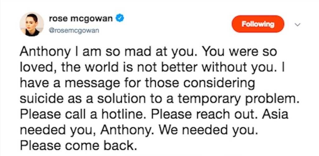 rose mcgowan reacts to anthony bourdain death