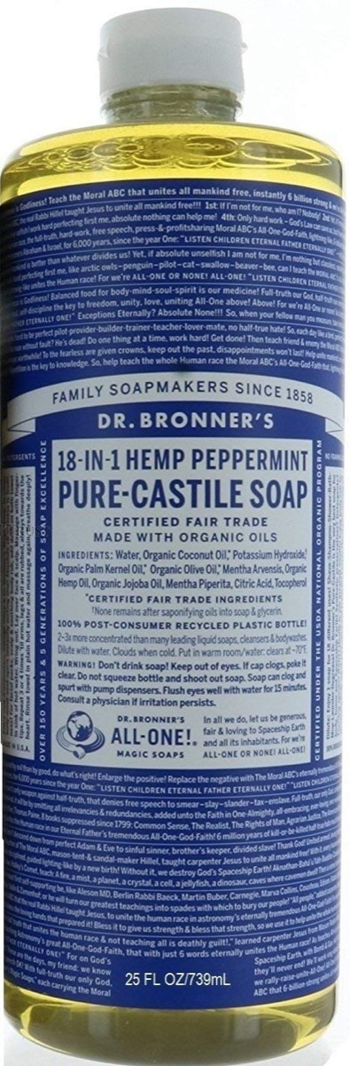 dr bronner's soap with blue label, earth friendly cleaning products