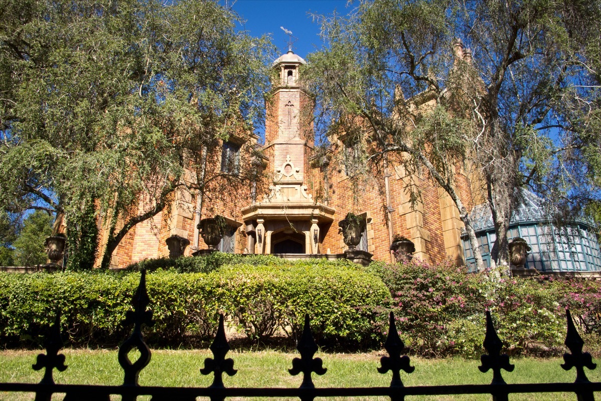 disney haunted mansion behind fence, trees