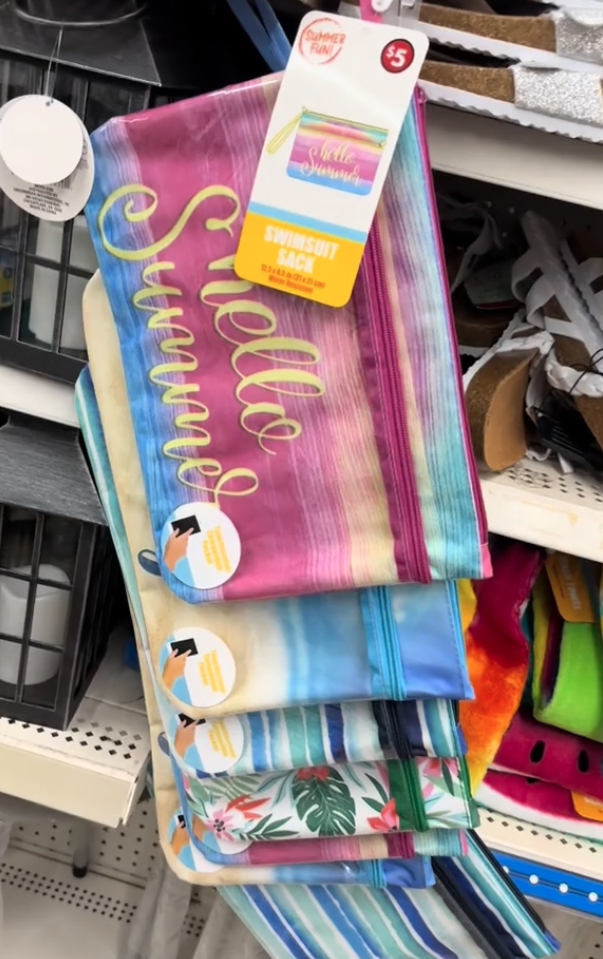 Display of swimsuit sacks hanging at Dollar Tree