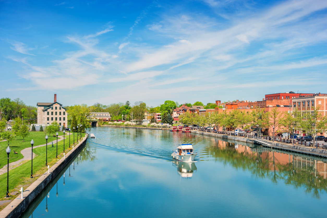 A boat passing down a canal in Seneca Falls, New York