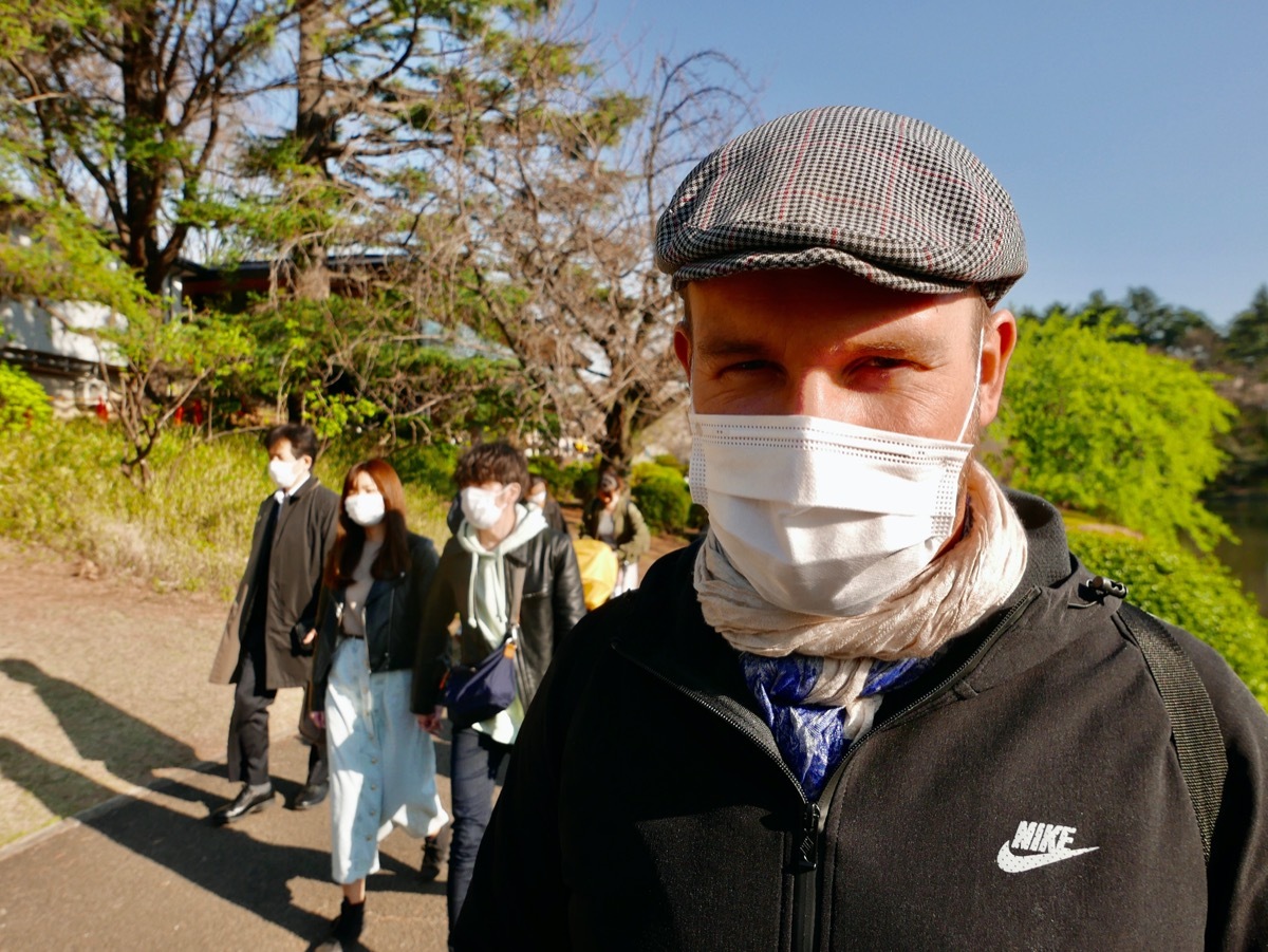 Social distancing in Shinjuku Gyoen Park in Tokyo while Sakura the cherry bloom.