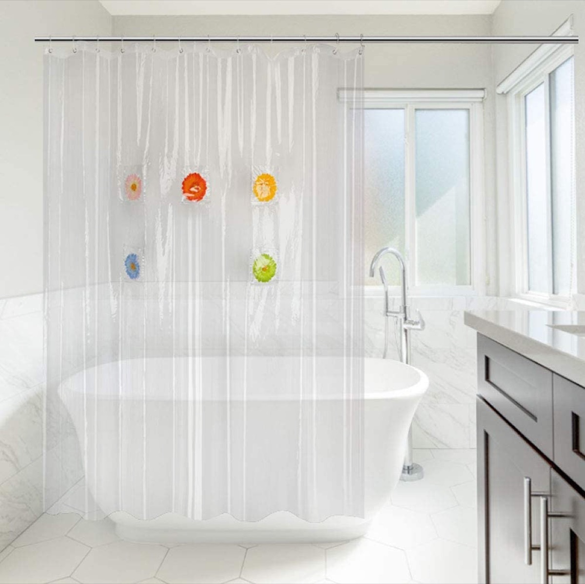 clear shower curtain with flowers