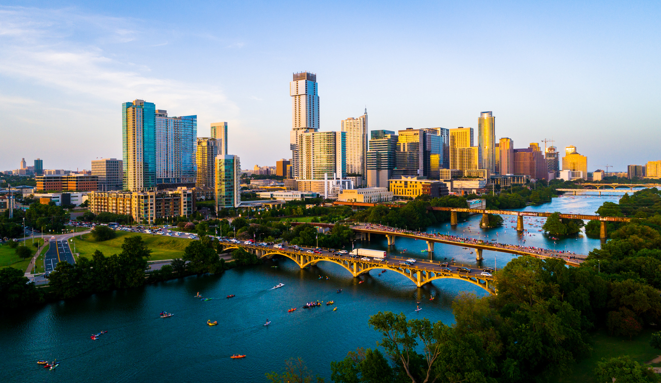 An aerial skyline shot of Austin, Texas